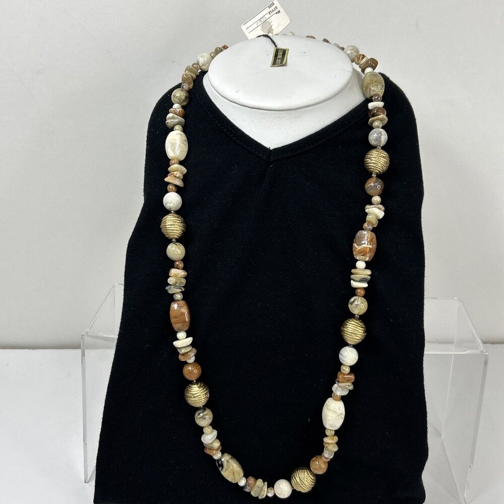 Lucite Resin Beaded Long Statement Necklace Marbled Earth Tone Gold Brown Boho